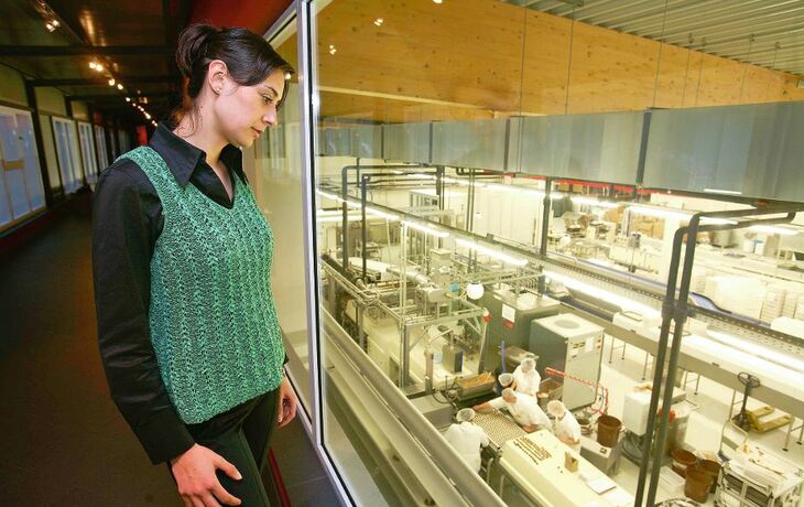 Frau sieht durch Fenster auf Pralinenproduktion in der Halloren Erlebniswelt.