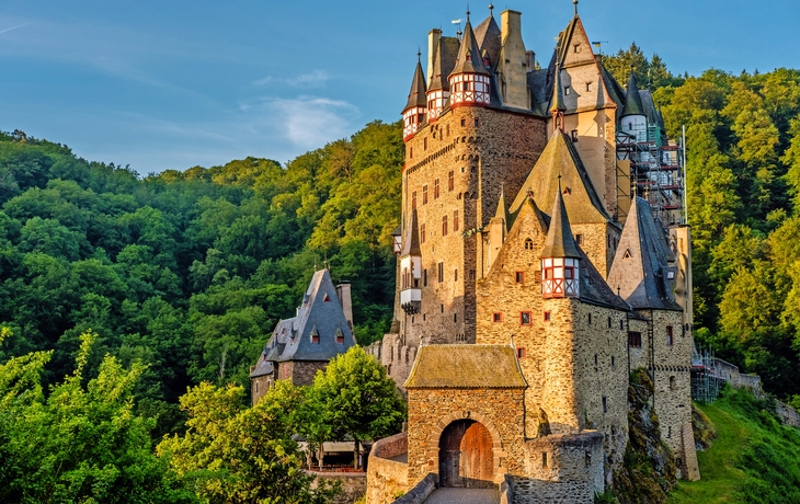 Mittelalterliche Burg umgeben von Bäumen in der Abendsonne.