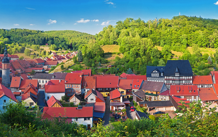 Blick auf Schloss Stolberg und Fachwerkhäuser in Stolberg im Harz, umgeben von Wald.