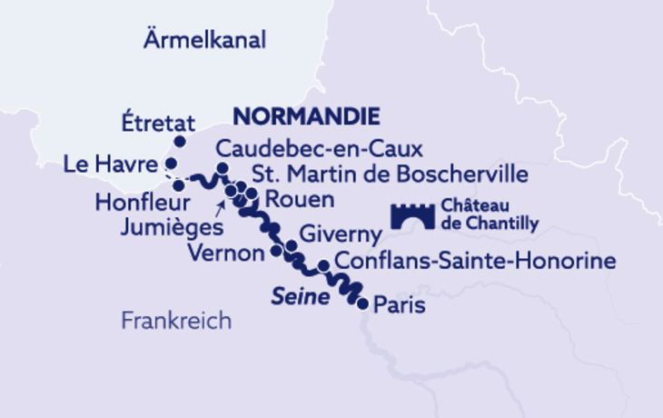 Routenkarte der Seine von Paris nach Le Havre mit Stopps in Normandie-Orten.