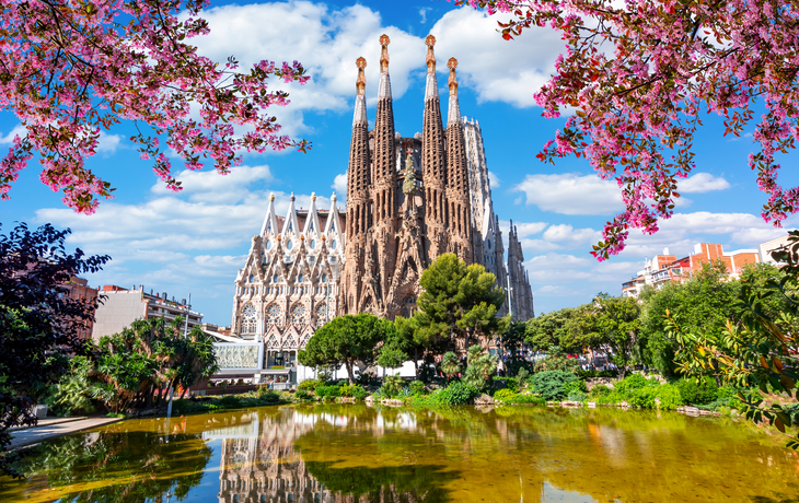 Sagrada Família in Barcelona, umgeben von blühenden Bäumen und Wasserreflexionen.
