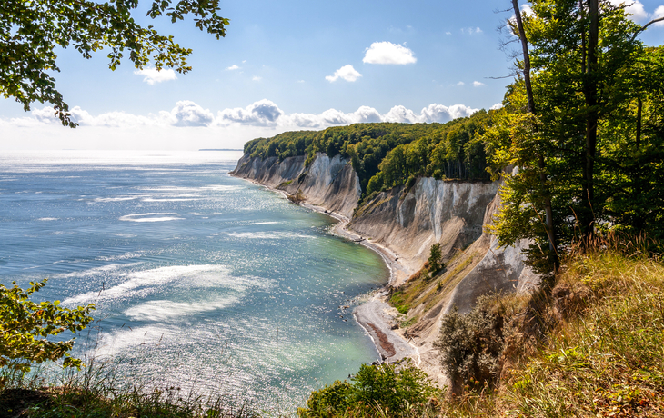 Kreidefelsen am Meer mit bewaldeter Küste und blauem Himmel.