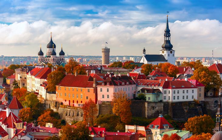 Historische Skyline mit Türmen und roten Dächern in einer Stadt bei klarem Himmel.