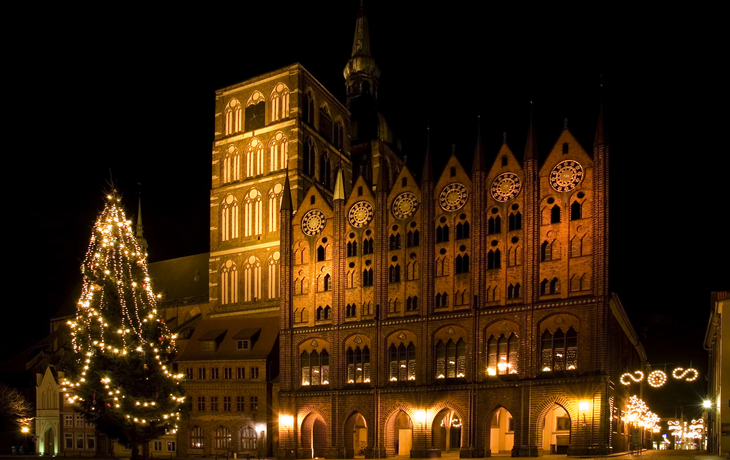 Rathaus Stralsund bei Nacht im Winter mit festlich beleuchtetem Weihnachtsbaum.