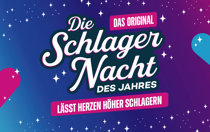 Plakat für die Schlagernacht 2026 mit Herzen und Sternen auf buntem Hintergrund.