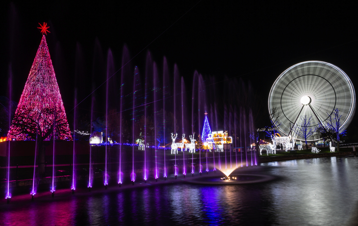 Wasserfontänen und beleuchtetes Riesenrad bei Nacht im Park