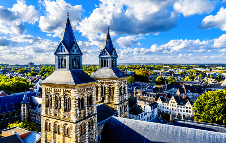 Blick auf eine romanische Kirche mit zwei Türmen und Stadt im Hintergrund bei bewölktem Himmel.