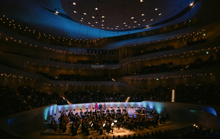 Orchester spielt in Konzertsaal mit beleuchtetem Publikum.