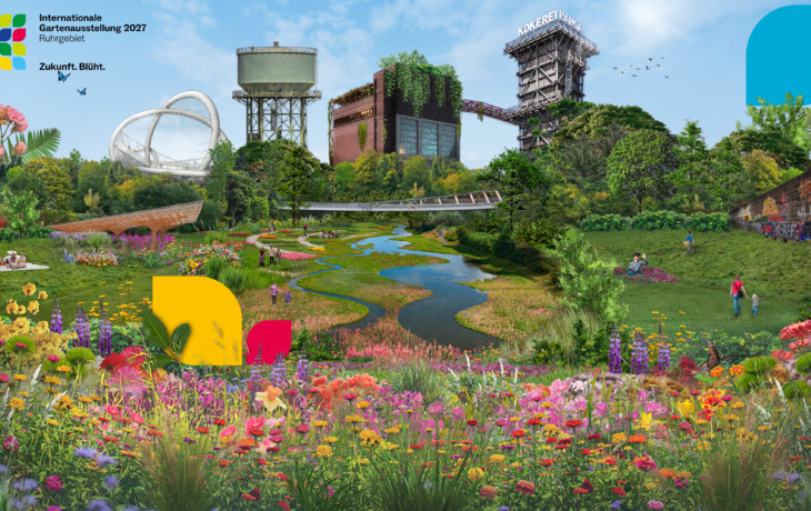 Bunte Landschaft mit Blumen, Wiesen, Gebäuden und Logo in der linken oberen Ecke.