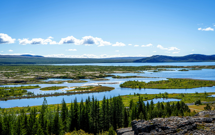 Aussicht auf eine Seenlandschaft mit Bäumen im Vordergrund und blauen Himmel.