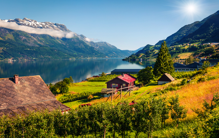Häuser an einem sonnigen Fjord mit Bergen im Hintergrund